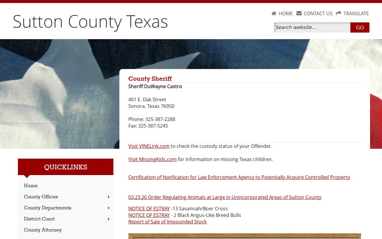 Sutton County Sheriff page with jail contact and VINELink custody route