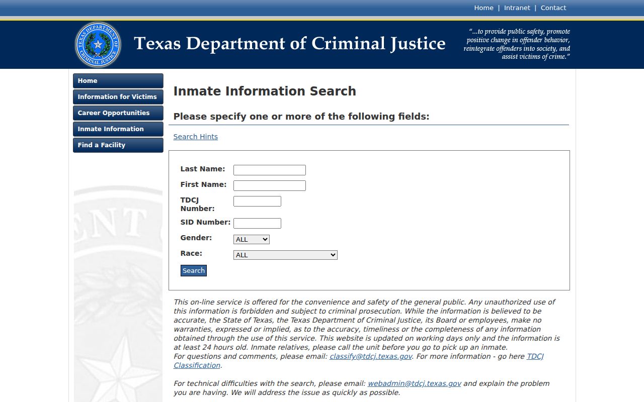 TDCJ Online Inmate Search for Texas sentenced custody after a Sutton County case
