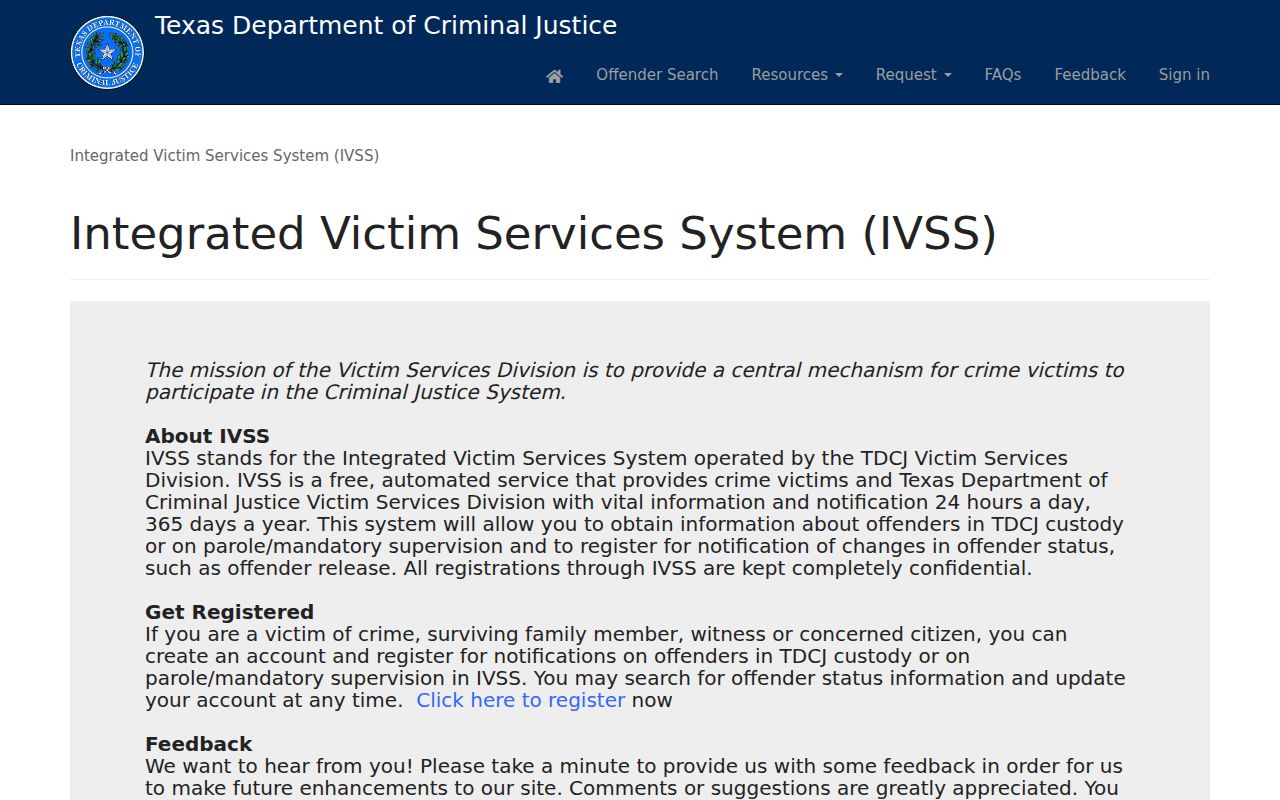 Texas IVSS custody and parole notification portal