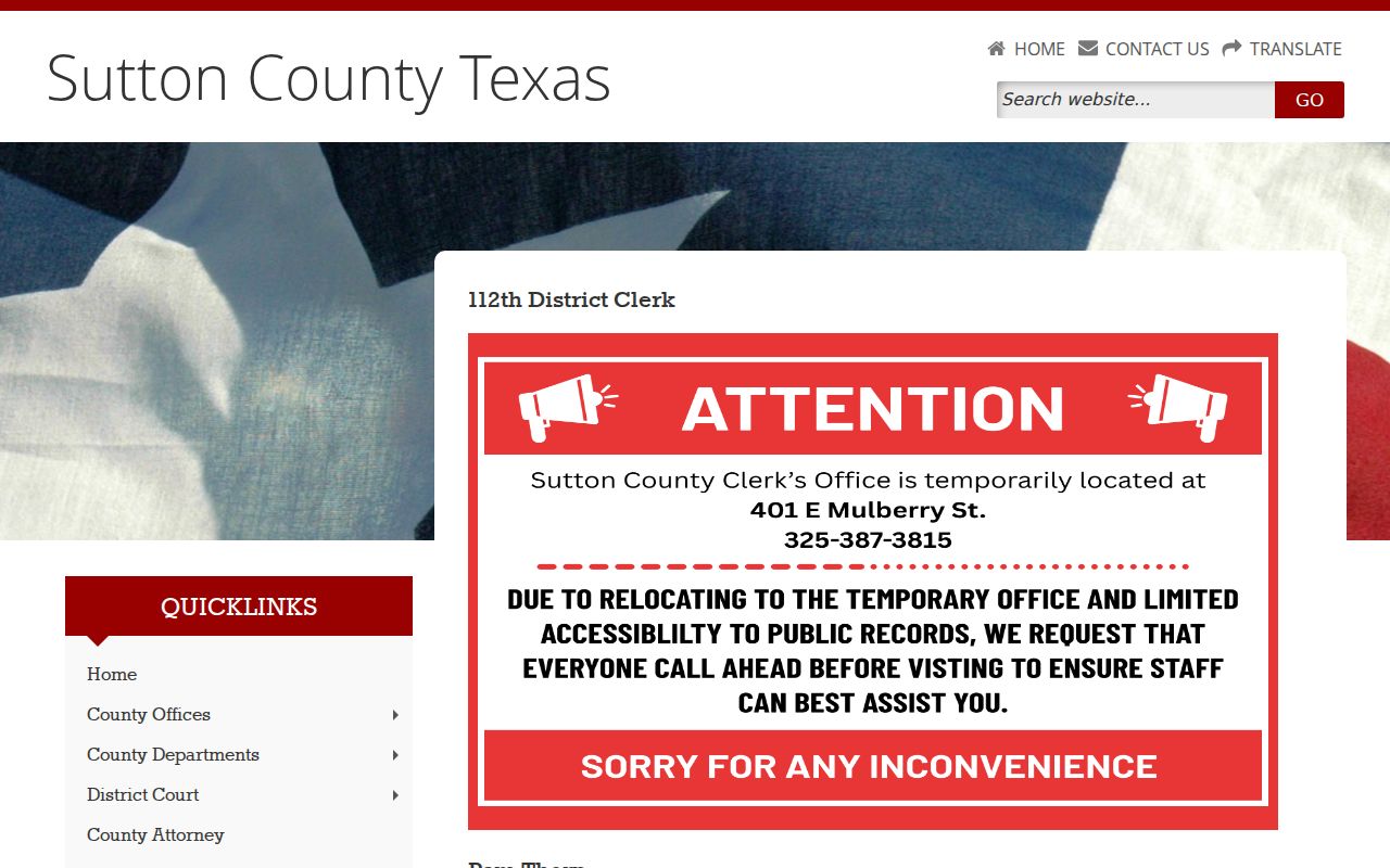 Sutton County District Clerk page with criminal docket links