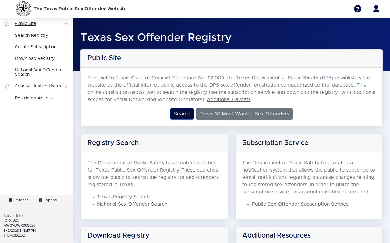 Texas registry interface for a Sutton County sex offender check